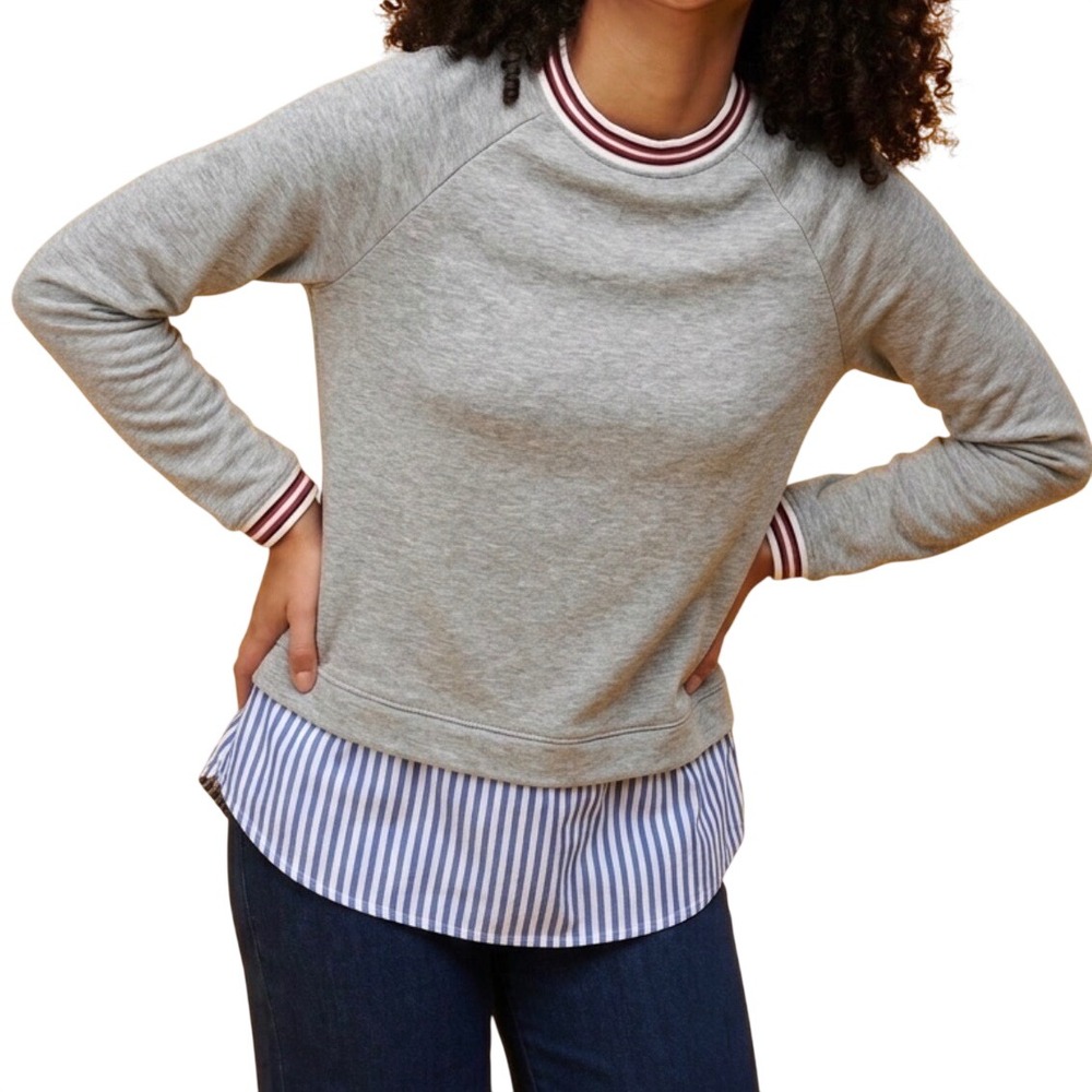 Mixed‎ Fabric 2 in 1 Faux Layered Gray Sweatshirt Striped Hem Large Varsity Crew